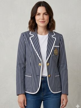 Boston Proper Navy striped two Gold buttons 3 pockets Women's Blazer Size 10